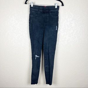 Spanx dark wash distressed raw hem skinny jeans